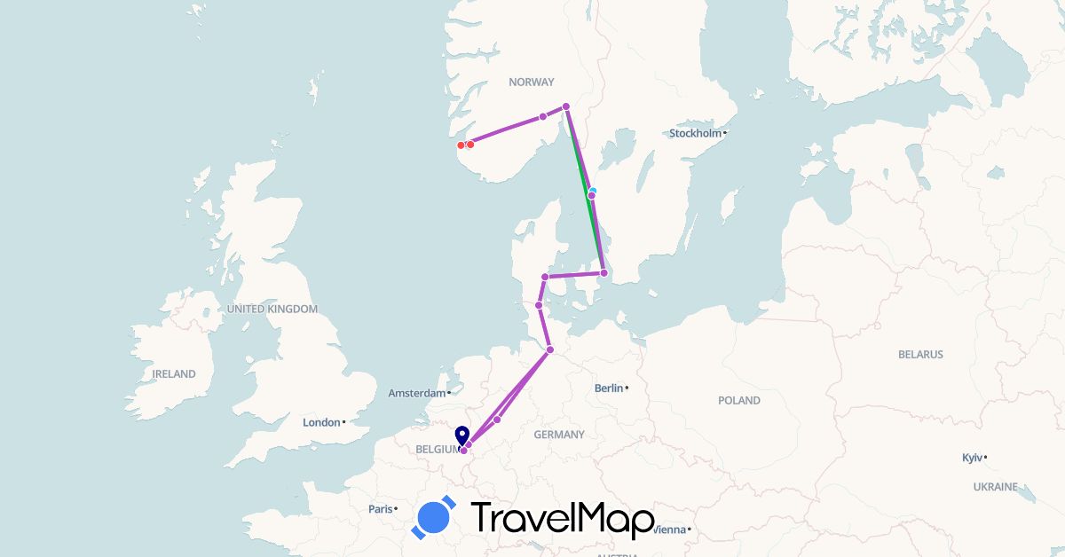 TravelMap itinerary: driving, bus, train, hiking, boat in Belgium, Germany, Denmark, Norway, Sweden (Europe)